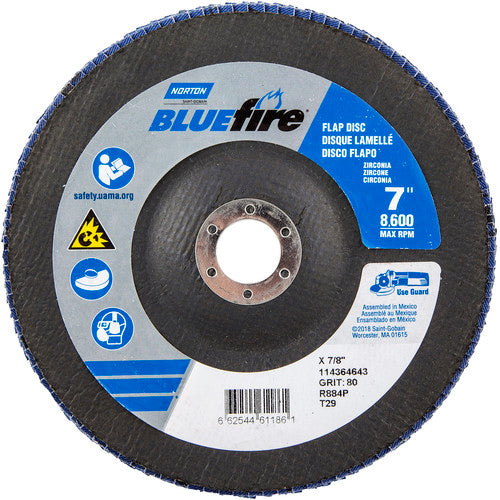 7″ × 1/4″ × 7/8″ NorZon BlueFire R884 Flap Disc Type 29 Conical 80 Grit - Industrial Tool & Supply