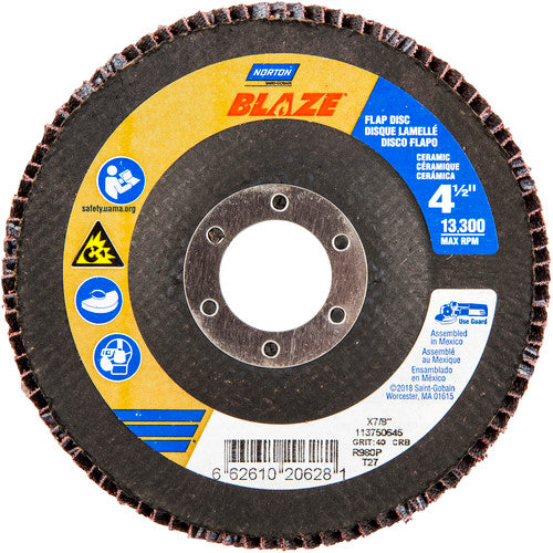 ‎4-1/2 × 7/8″ Blaze Fiberglass HD Flat Flap Disc Type 27 40 Grit R980P Premium Ceramic Alumina - Industrial Tool & Supply