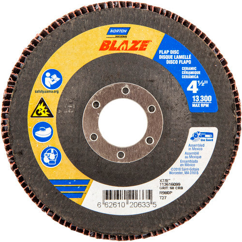 ‎4-1/2 × 7/8″ Blaze Fiberglass HD Flat Flap Disc Type 27 60 Grit R980P Premium Ceramic Alumina - Industrial Tool & Supply