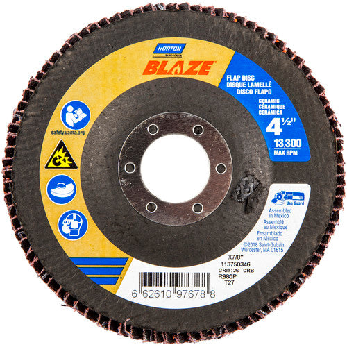‎4-1/2 × 7/8″ Blaze Fiberglass HD Flat Flap Disc Type 27 36 Grit R980P Premium Ceramic Alumina - Industrial Tool & Supply