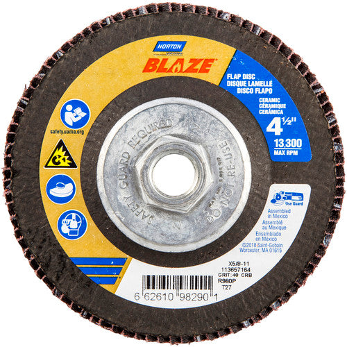 ‎4-1/2 × 5/8 - 11″ Blaze Fiberglass HD Flat Flap Disc Type 27 40 Grit R980P Premium Ceramic Alumina - Industrial Tool & Supply