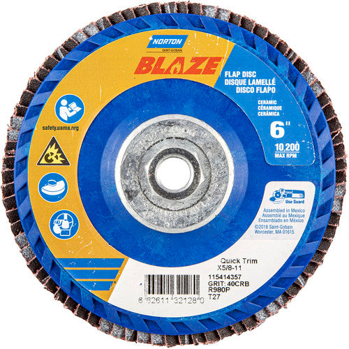 ‎6 × 5/8 - 11″ Blaze Plastic Flat Flap Disc Type 27 40 Grit R980P Premium Ceramic Alumina - Industrial Tool & Supply