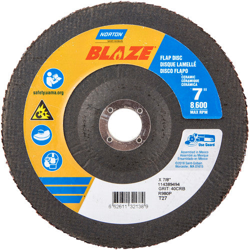 7 × 7/8″ Blaze Fiberglass HD Flat Flap Disc Type 27 40 Grit R980P Premium Ceramic Alumina - Industrial Tool & Supply