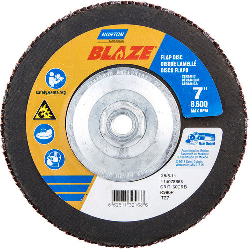 ‎7 × 5/8 - 11″ Blaze Fiberglass HD Flat Flap Disc Type 27 60 Grit R980P Premium Ceramic Alumina - Industrial Tool & Supply
