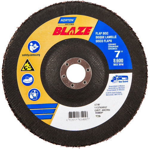 7 × 7/8″ Blaze Fiberglass Conical Flap Disc Type 29 40 Grit R980P Premium Ceramic Alumina - Industrial Tool & Supply