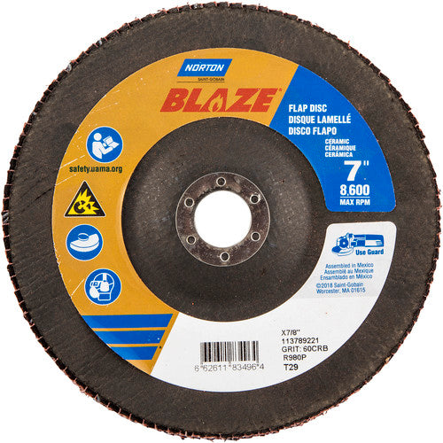 7 × 7/8″ Blaze Fiberglass Conical Flap Disc Type 29 60 Grit R980P Premium Ceramic Alumina - Industrial Tool & Supply