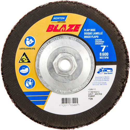 ‎7 × 5/8 - 11″ Blaze Fiberglass Conical Flap Disc Type 29 40 Grit R980P Premium Ceramic Alumina - Industrial Tool & Supply