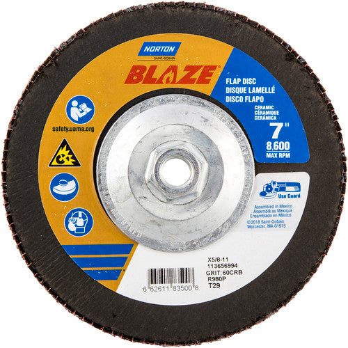 ‎7 × 5/8 - 11″ Blaze Fiberglass Conical Flap Disc Type 29 60 Grit R980P Premium Ceramic Alumina - Industrial Tool & Supply