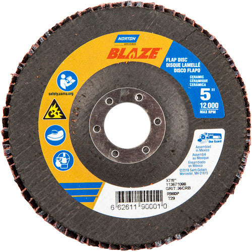 5 × 7/8″ Blaze Fiberglass Conical Flap Disc Type 29 36 Grit R980P Premium Ceramic Alumina - Industrial Tool & Supply