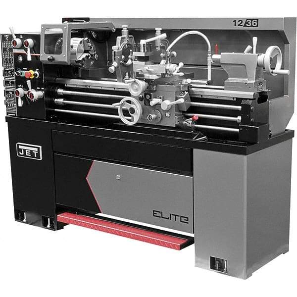 Jet - 12" Swing, 36" Between Centers, 230 Volt, Single or Triple Phase Engine Lathe - 2 hp, 1-9/16" Bore Diam, 30" Deep x 60" High x 71" Long - Industrial Tool & Supply