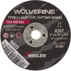 Weiler - 2" 36 Grit Aluminum Oxide Cutoff Wheel - 1/16" Thick, 1/4" Arbor, 30,000 Max RPM, Use with Die Grinders - Industrial Tool & Supply