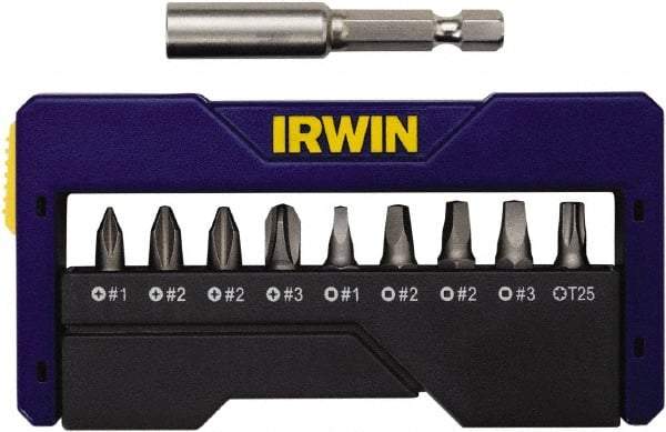 Irwin - 10 Piece, 1/4" Drive Screwdriver Insert Bit Set - #1 to #3 Phillips, 0.05 to 1/4" Hex, 1.27 to 10mm Hex, T25 Torx, #1 to #3 Square Recess - Industrial Tool & Supply
