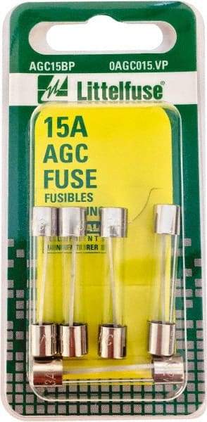 Value Collection - 32V AC/DC, 15 Amp, Fast-Acting Miniature Glass/Ceramic Fuse - 1-1/4" OAL, 1/4" Diam - Industrial Tool & Supply