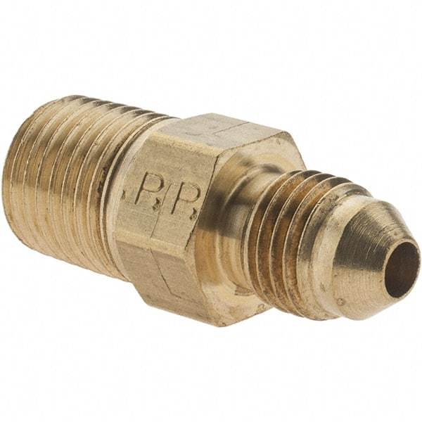 Parker - 1/4" Tube OD, 37° Brass Flared Tube Male Adapter - 1/4-18 NPTF, Flare x NPTF Ends - Industrial Tool & Supply