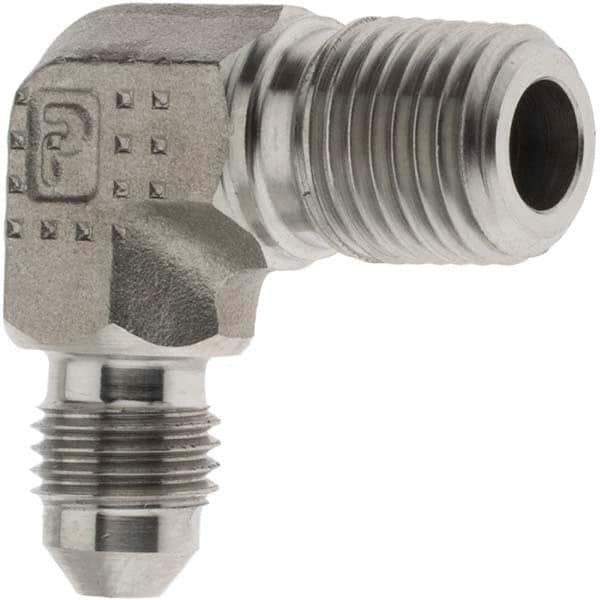 Parker - 1/4" Tube OD, 37° Stainless Steel Flared Tube 90° Elbow - 1/4-18 NPTF, Flare x NPTF Ends - Industrial Tool & Supply