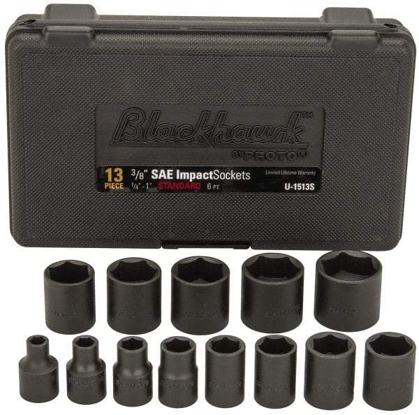 Blackhawk by Proto - 13 Piece 3/8" Drive Black Finish Impact Socket Set - 6 Points, 1/4" to 1" Range, Inch Measurement Standard - Industrial Tool & Supply