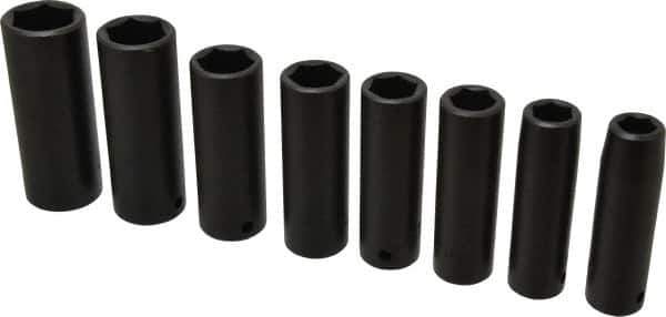 Proto - 8 Piece 1/2" Drive Black Finish Deep Well Impact Socket Set - 6 Points, 1/2" to 15/16" Range, Inch Measurement Standard - Industrial Tool & Supply