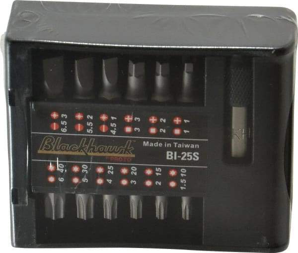 Blackhawk by Proto - 25 Piece, Screwdriver Insert Bit Set - #1, #2 & #3 Phillips, 1.5 to 6mm Hex, T10 to T40 Torx, #1, #2 & #3 Pozidriv, 5/32, 7/32 & 1/4" Slotted - Industrial Tool & Supply