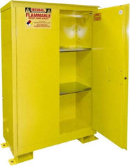 Securall Cabinets - 2 Door, 2 Shelf, Yellow Steel Standard Safety Cabinet for Flammable and Combustible Liquids - 69" High x 43" Wide x 18" Deep, Manual Closing Door, 3 Point Key Lock, 45 Gal Capacity - Industrial Tool & Supply