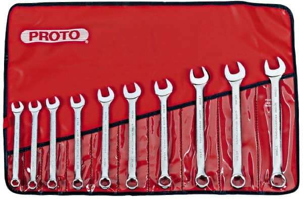 Proto - 10 Piece, 11mm to 19mm, 6 Point Combination Wrench Set - Metric Measurement Standard, Satin Chrome Finish, Comes in Nylon Roll - Industrial Tool & Supply