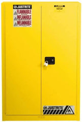 Justrite - 2 Door, 5 Shelf, Yellow Steel Standard Safety Cabinet for Flammable and Combustible Liquids - 65" High x 43" Wide x 18" Deep, Manual Closing Door, 3 Point Key Lock, 60 Gal Capacity - Industrial Tool & Supply