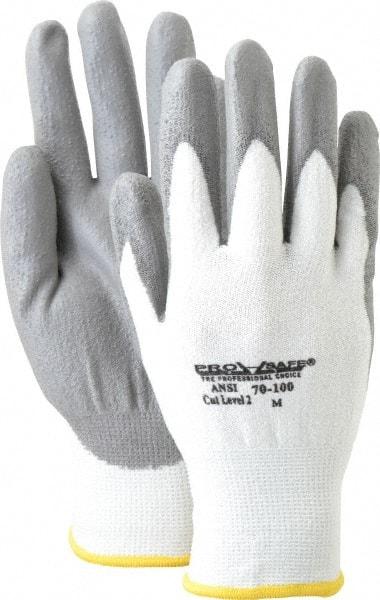 PRO-SAFE - Size M (8), ANSI Cut Lvl A2, Puncture Lvl 1, Abrasion Lvl 4, Polyurethane Coated HPPE Fiber Cut Resistant Gloves - 9" Long, Palm & Fingers Coated, HPPE Fiber Lining, Knit Wrist, White w/ Gray Coating, Paired - Industrial Tool & Supply