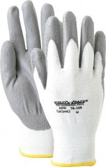 PRO-SAFE - Size M (8), ANSI Cut Lvl A2, Puncture Lvl 1, Abrasion Lvl 4, Polyurethane Coated HPPE Fiber Cut Resistant Gloves - 9" Long, Palm & Fingers Coated, HPPE Fiber Lining, Knit Wrist, White w/ Gray Coating, Paired - Industrial Tool & Supply