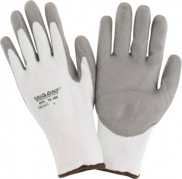 PRO-SAFE - Size L (9), ANSI Cut Lvl A2, Puncture Lvl 1, Abrasion Lvl 4, Polyurethane Coated HPPE Fiber Cut Resistant Gloves - 9" Long, Palm & Fingers Coated, HPPE Fiber Lining, Knit Wrist, White w/ Gray Coating, Paired - Industrial Tool & Supply