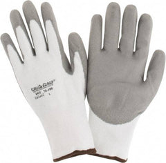 PRO-SAFE - Size L (9), ANSI Cut Lvl A2, Puncture Lvl 1, Abrasion Lvl 4, Polyurethane Coated HPPE Fiber Cut Resistant Gloves - 9" Long, Palm & Fingers Coated, HPPE Fiber Lining, Knit Wrist, White w/ Gray Coating, Paired - Industrial Tool & Supply