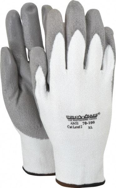 PRO-SAFE - Size XL (10), ANSI Cut Lvl A2, Puncture Lvl 1, Abrasion Lvl 4, Polyurethane Coated HPPE Fiber Cut Resistant Gloves - 9" Long, Palm & Fingers Coated, HPPE Fiber Lining, Knit Wrist, White w/ Gray Coating, Paired - Industrial Tool & Supply