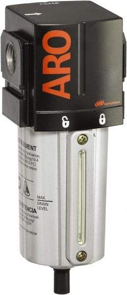ARO/Ingersoll-Rand - 3/4" Port, 7.913" High x 2.874" Wide Standard Filter with Metal Bowl, Automatic Drain - 216 SCFM, 250 Max psi, 175°F Max Temp, Sight Glass Included, Modular Connection, 2.8 oz Bowl Capacity - Industrial Tool & Supply