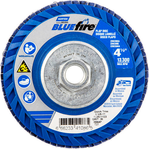 ‎4-1/2 × 5/8 - 11″ BlueFire Plastic Flat Flap Disc Type 27 P36 Grit R884V1 Zirconia Alumina - Industrial Tool & Supply