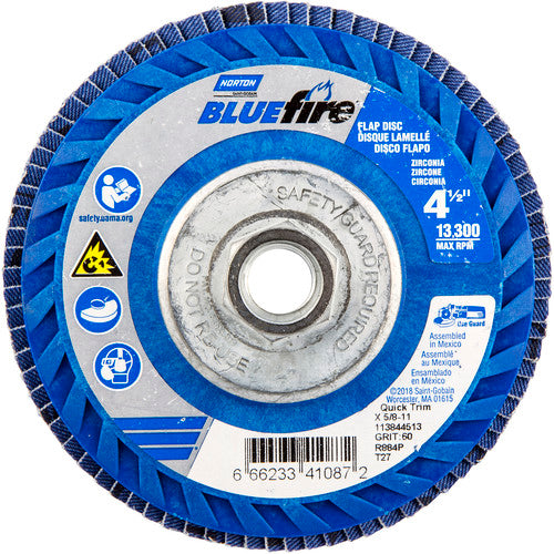 ‎4-1/2 × 5/8 - 11″ BlueFire Plastic Flat Flap Disc Type 27 P60 Grit R884V1 Zirconia Alumina - Industrial Tool & Supply
