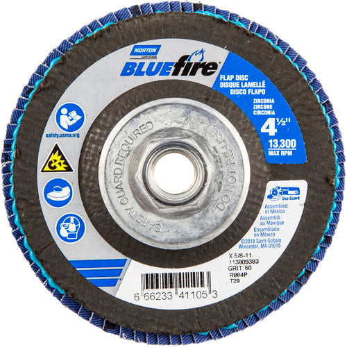 ‎4-1/2 × 5/8 - 11″ BlueFire Fiberglass Conical Flap Disc Type 29 P60 Grit R884V1 Zirconia Alumina - Industrial Tool & Supply