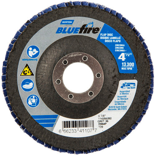 ‎4-1/2 × 7/8″ BlueFire Fiberglass Conical Flap Disc Type 29 P36 Grit R884V1 Zirconia Alumina - Industrial Tool & Supply