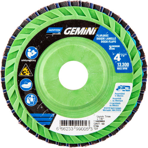 ‎4-1/2 × 7/8″ Gemini Plastic Flat Flap Disc Type 27 P60 Grit R766 Zirconia Alumina - Industrial Tool & Supply