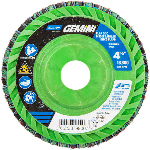 ‎4-1/2 × 7/8″ Gemini Plastic Flat Flap Disc Type 27 P120 Grit R766 Zirconia Alumina - Industrial Tool & Supply