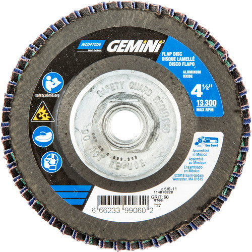 ‎4-1/2 × 5/8 - 11″ Gemini Fiberglass HD Flat Flap Disc Type 27 P60 Grit R766 Zirconia Alumina - Industrial Tool & Supply