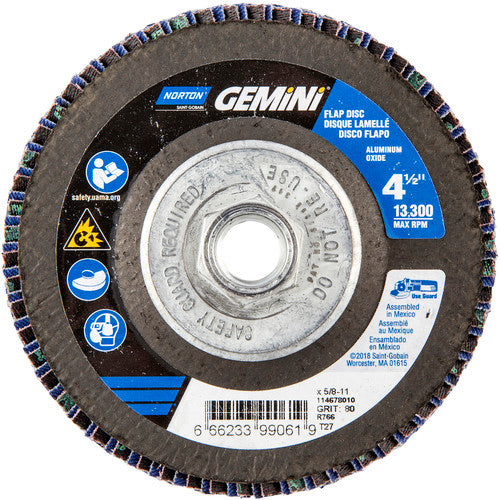 ‎4-1/2 × 5/8 - 11″ Gemini Fiberglass HD Flat Flap Disc Type 27 P80 Grit R766 Zirconia Alumina - Industrial Tool & Supply