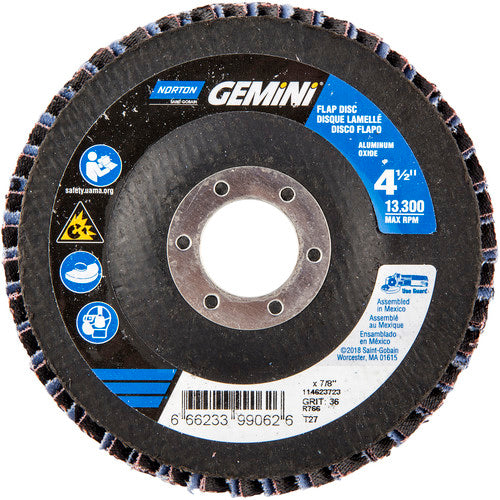 ‎4-1/2 × 7/8″ Gemini Fiberglass HD Flat Flap Disc Type 27 P36 Grit R766 Zirconia Alumina - Industrial Tool & Supply
