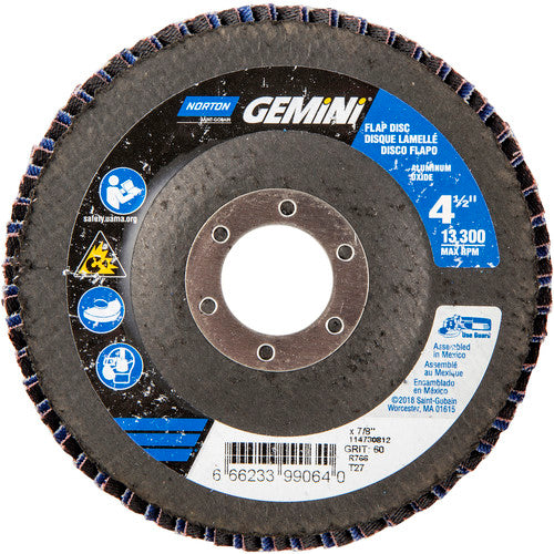‎4-1/2 × 7/8″ Gemini Fiberglass HD Flat Flap Disc Type 27 P60 Grit R766 Zirconia Alumina - Industrial Tool & Supply