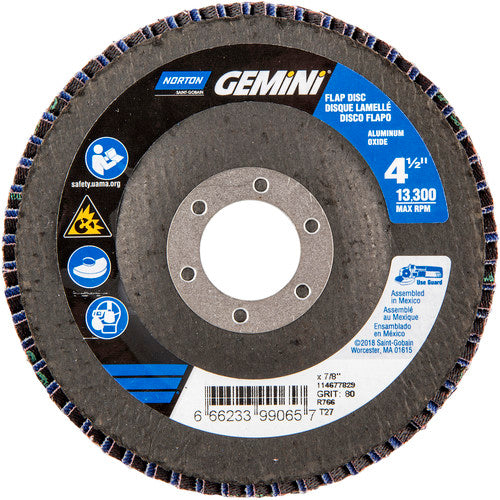 ‎4-1/2 × 7/8″ Gemini Fiberglass HD Flat Flap Disc Type 27 P80 Grit R766 Zirconia Alumina - Industrial Tool & Supply