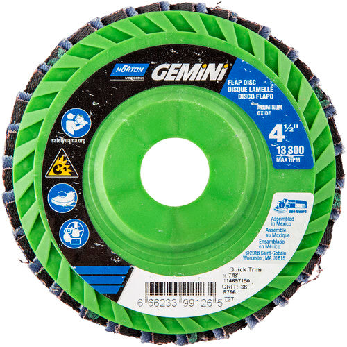 ‎4-1/2 × 7/8″ Gemini Plastic Flat Flap Disc Type 27 P36 Grit R766 Zirconia Alumina - Industrial Tool & Supply