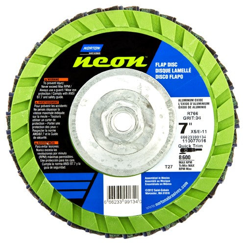 ‎7″ × 1/4″ × 5/8″-11 Neon R766 Flap Disc Type 27 Flat 120 Grit - Industrial Tool & Supply