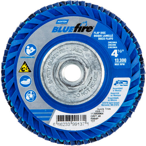 ‎4-1/2 × 5/8 - 11″ BlueFire Plastic Flat Flap Disc Type 27 P40 Grit R884P Zirconia Alumina - Industrial Tool & Supply