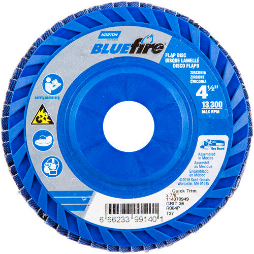‎4-1/2 × 7/8″ BlueFire Plastic Flat Flap Disc Type 27 P36 Grit R884P Zirconia Alumina - Industrial Tool & Supply