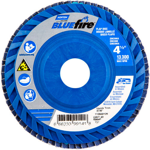 ‎4-1/2 × 7/8″ BlueFire Plastic Flat Flap Disc Type 27 P40 Grit R884P Zirconia Alumina - Industrial Tool & Supply