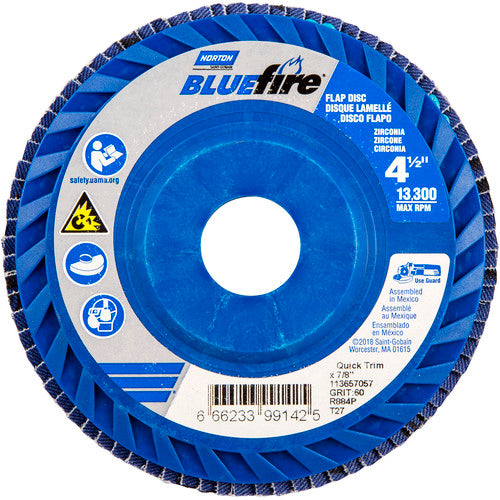 ‎4-1/2 × 7/8″ BlueFire Plastic Flat Flap Disc Type 27 P60 Grit R884P Ceramic Alumina - Industrial Tool & Supply