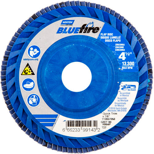 ‎4-1/2 × 7/8″ BlueFire Plastic Flat Flap Disc Type 27 P80 Grit R884P Ceramic Alumina - Industrial Tool & Supply