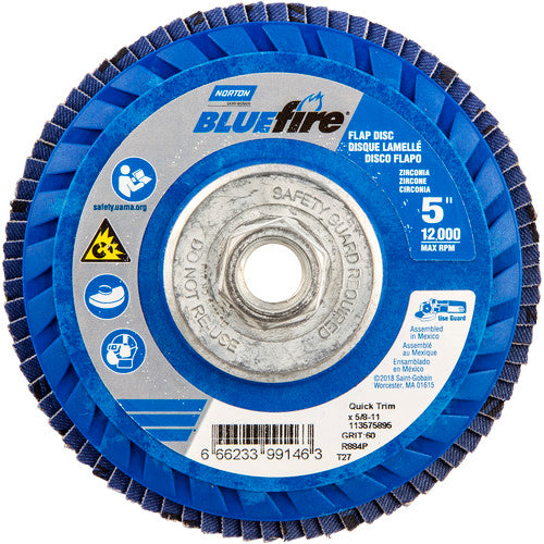 ‎5 × 5/8 - 11″ BlueFire Plastic Flat Flap Disc Type 27 P60 Grit R884P Zirconia Alumina - Industrial Tool & Supply